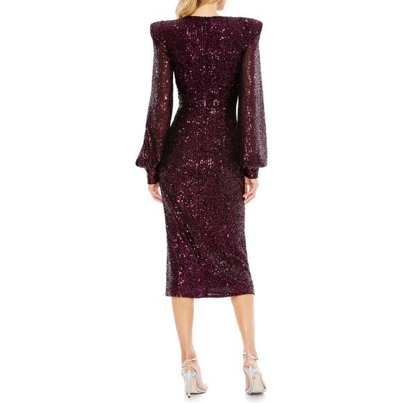 Mac Duggal Magenta Sequin Puff Sleeve V-Neck Long Sleeve Midi Dress Size 16 - Picture 2 of 8